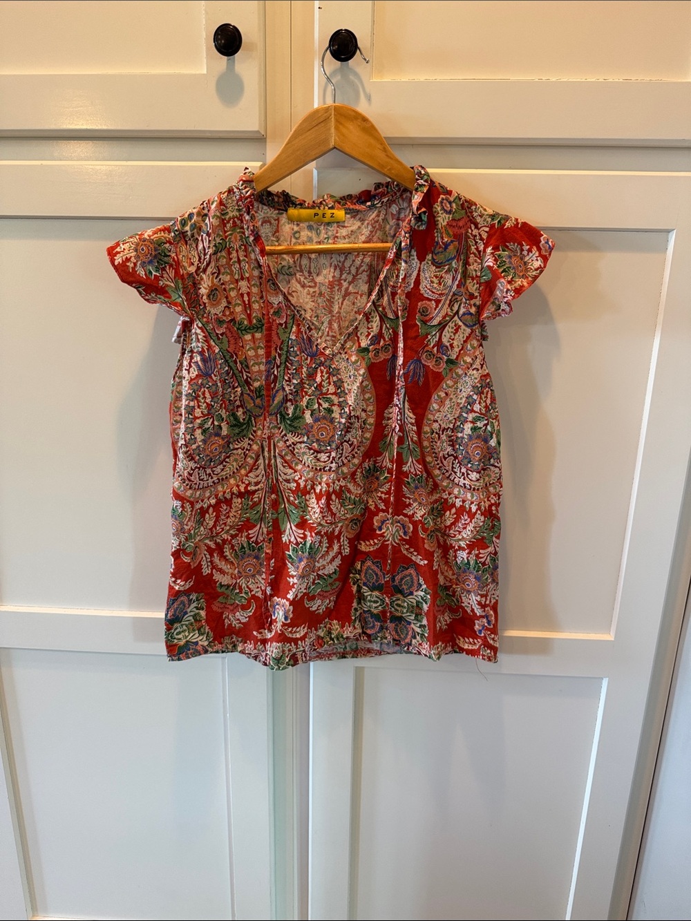 Red Paisley V-Neck Flutter Sleeve Blouse